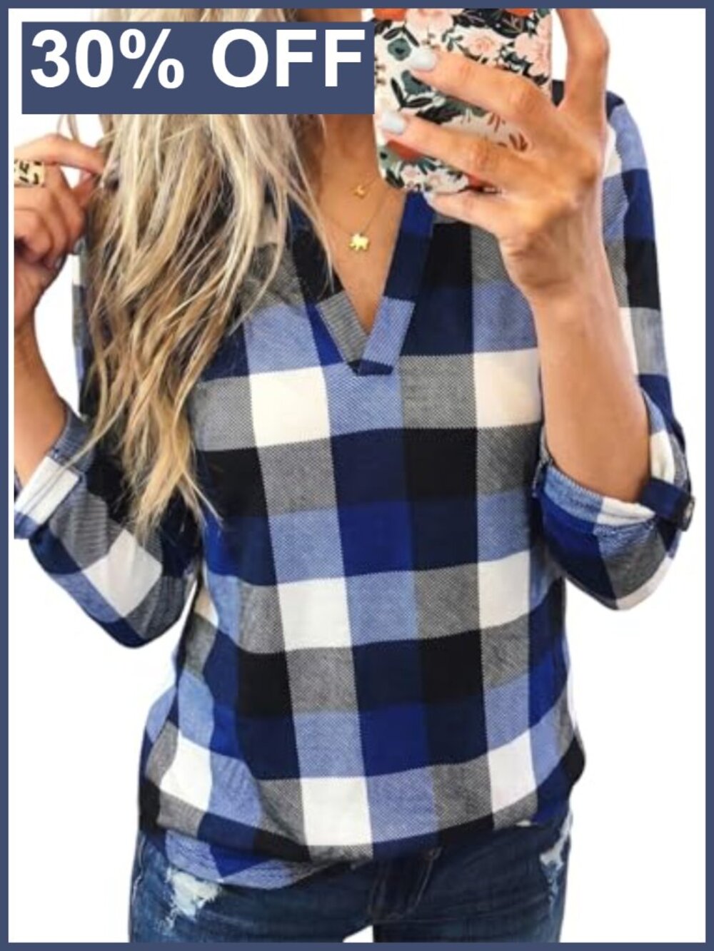 Dokotoo Womens Plaid V Neck Blouse 3/4 Cuffed Sleeve Tunic Top